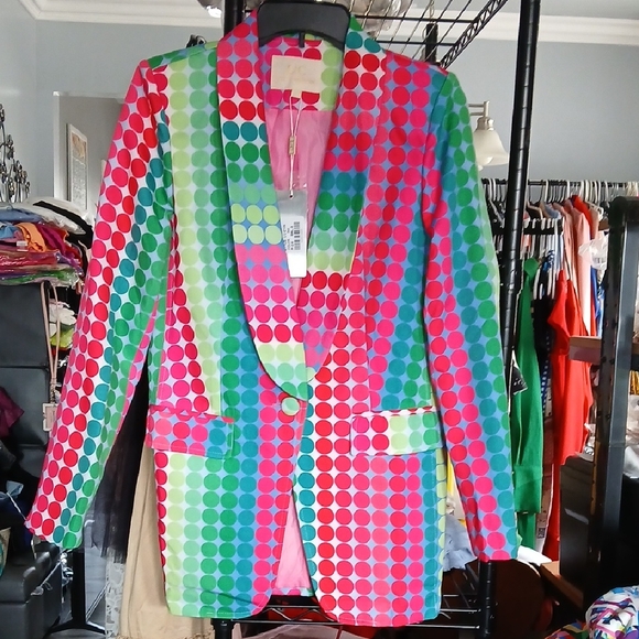 Lizette Collection Jackets & Blazers - Colorblock Polka Dot Blazer in Pink, Green & Blue